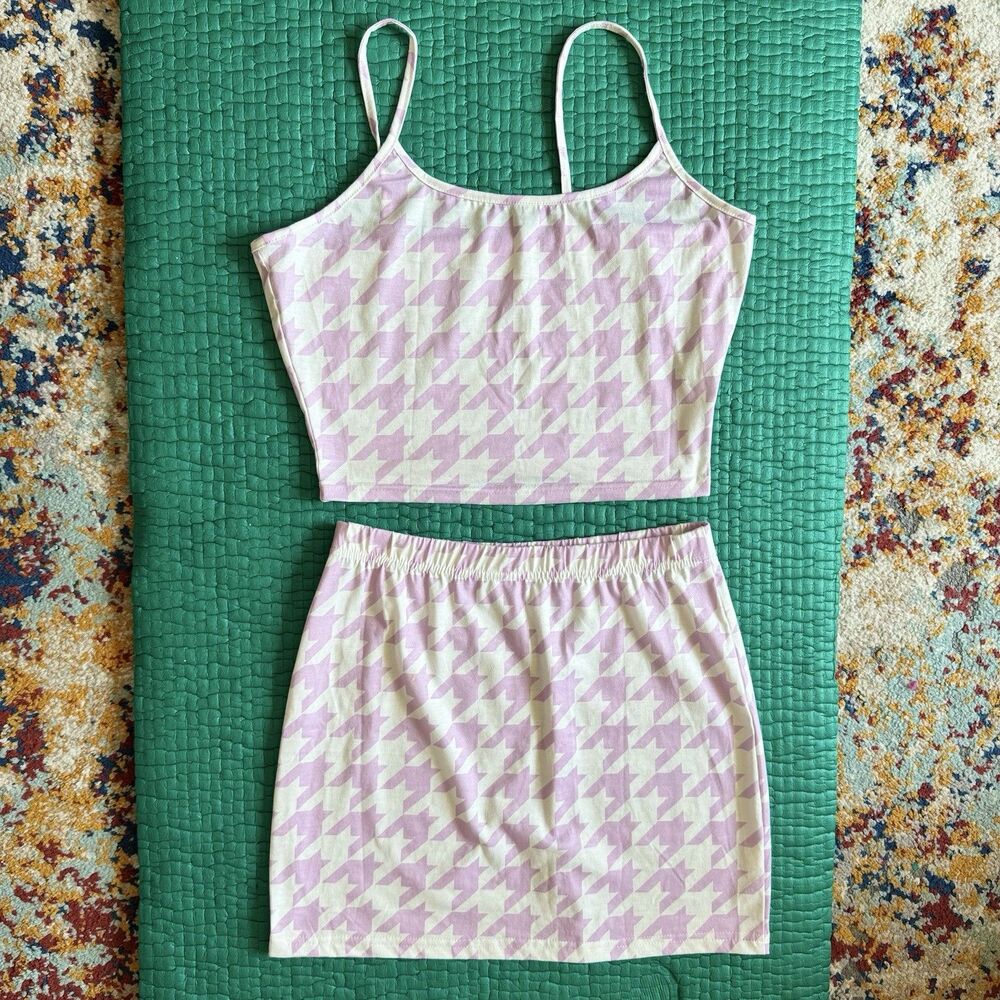 Houndstooth 2-Piece Set Womens M Purple White Excellent Bandeau Top Mini Skirt